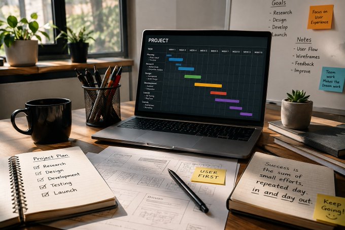 A laptop displaying a Gantt chart project timeline sits on a wooden desk alongside a notebook listing a 'Project Plan' (Research, Design, Development, Testing, Launch), a pen, a coffee mug, and sticky notes.