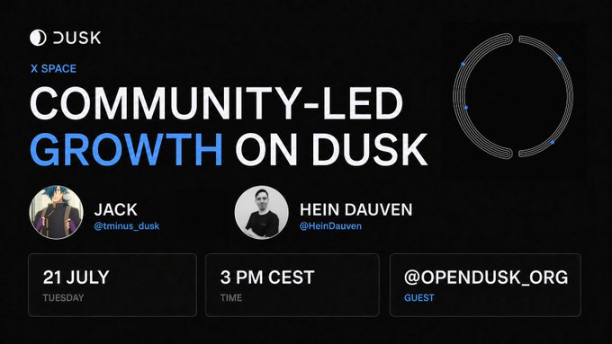 A promotional graphic for a Dusk x Space event titled "COMMUNITY-LED GROWTH ON DUSK," featuring speakers Jack (@tminus_dusk) and Hein Dauven (@HeinDauven), scheduled for Tuesday, 21 July at 3 PM CEST with guest @opendusk_org. The image visually reinforces the post's announcement about hosting a Twitter Space to discuss OpenDusk's proposal for greater community involvement in expanding the Dusk ecosystem.