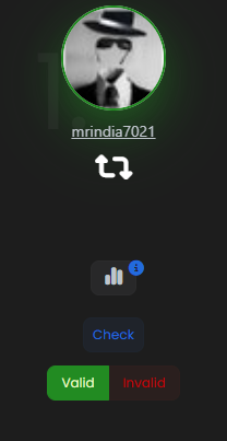 A mobile app interface for verification with a profile picture, the username 'mrindia7021', and green 'Valid' and red 'Invalid' buttons.