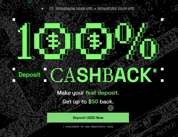 The image is a promotional banner advertising a "100% CASHBACK" event for TxFlow, where new depositors can get up to $50 back on their first deposit (running from June 26 to July 3, 2026), matching the post's details about a retro perp DEX cashback referral event using the code TXKAVERI.