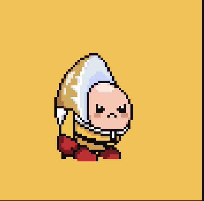 A pixel art character with a white hood, determined expression, and red boots stands against a yellow background.
