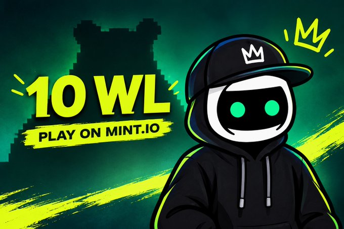 A promotional graphic for Mint.io featuring a stylized hooded character with a baseball cap and crown logo, advertising "10 WL" to play on the platform.