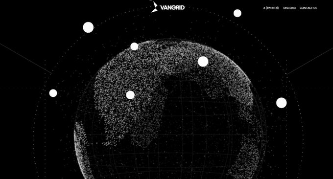 A dark-themed website header for 'VANGRID' featuring a particle-effect globe with orbiting white spheres, and navigation links for X (TWITTER), DISCORD, and CONTACT US.