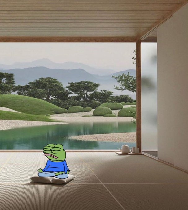 Pepe the Frog in a meditative lotus pose on a cushion, set against a serene Japanese-style garden with a pond and mountains, blending meme culture with zen aesthetics.
