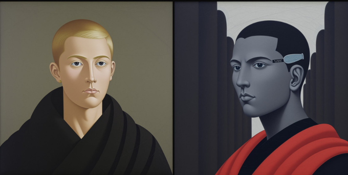 A digital illustration showing two stylized portraits side by side: a blonde man in a black robe on the left, and a dark-haired man with a small metallic device on his temple wearing a red and black robe on the right.