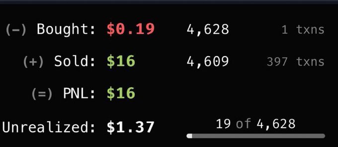 The image shows a trading dashboard with a $16 PNL gain from buying at $0.19 and selling at $16 across 397 transactions, plus $1.37 unrealized on remaining holdings. This screenshot appears to document the trader's profitable "big play" they're promoting in their post, showcasing the impressive entry-to-exit price difference to attract others to their Telegram group.