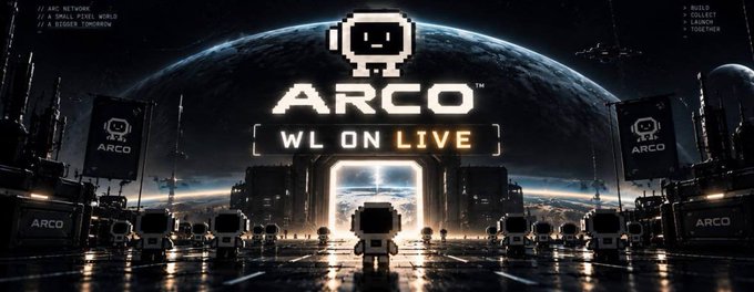 A futuristic sci-fi graphic features a pixelated robot character with the text "ARCO WL ON LIVE" against a backdrop of a planet, space, and robotic figures.