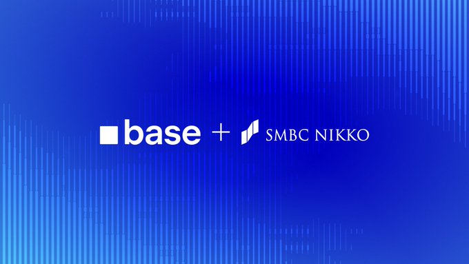 A blue gradient banner displaying the logos of "base" and "SMBC NIKKO" separated by a plus sign, indicating a partnership between the two entities.