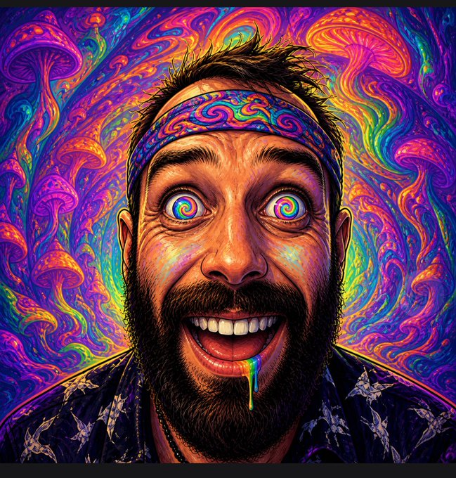 A psychedelic digital art portrait of a bearded man with a colorful headband, rainbow swirling eyes, and rainbow liquid dripping from his mouth, set against a vibrant background of mushrooms and neon colors.