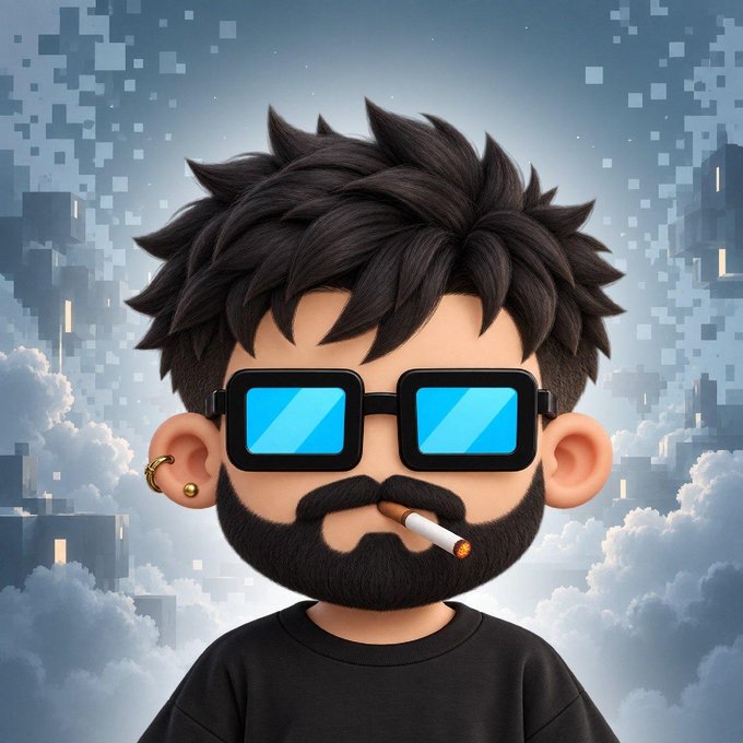 A pixelated digital avatar of a bearded man with messy black hair, blue-tinted square sunglasses, and an ear piercing smokes a cigarette against a dreamy cloud-and-pixel background, evoking the casual, rebellious crypto "GM" (good morning) vibe of the meme.