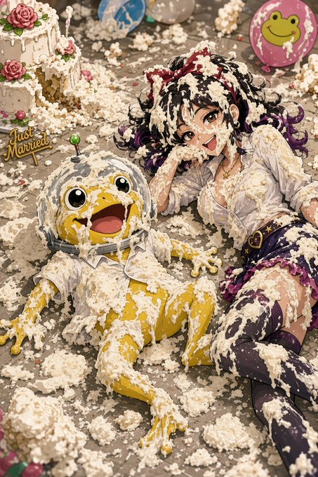 An anime-style illustration showing a girl and a yellow creature in spacesuits covered in cake and frosting, with 'Just Married' text and balloons in the background.