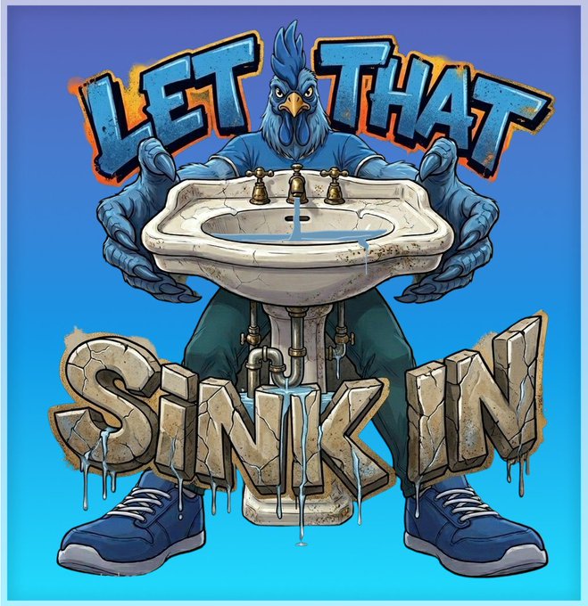 The image features a cartoon illustration of a blue bird holding a sink with its feet, surrounded by water dripping from the faucet. The text "Let's Sink In" is written above the scene. This artwork seems to be related to an advertisement or a social media post promoting the idea that we should embrace and adapt to new technologies and advancements in our environment. It encourages us to accept change and grow with the evolving ecosystem, just like how communities are finding creative ways to expand their reach and products are maturing over time.