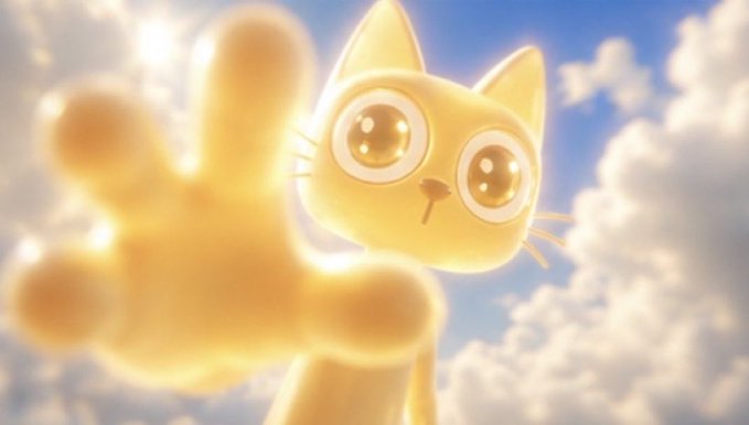A 3D animated yellow cat character reaches its paw toward the camera with large, sparkling eyes against a backdrop of blue sky and clouds.