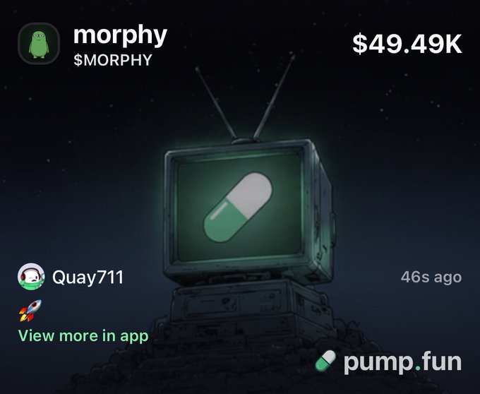 A screenshot of the pump.fun app showing a token called "morphy" ($MORPHY) with a market cap of $49.49K, featuring a green pill graphic on a TV screen set against a dark background.