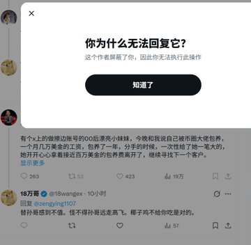 A screenshot of a social media post with a popup notification in Chinese reading "你为什么无法回复它?" (Why can't you reply to it?), showing the user was blocked from commenting. The post below shows a humorous exchange about being repeatedly blocked by "Brother Sun" (18万哥/@18wangex) and "Zeng Ying" (@zengying1107) for criticizing them, accumulating 263 comments, 53 retweets, 423 likes, and 19万 views.