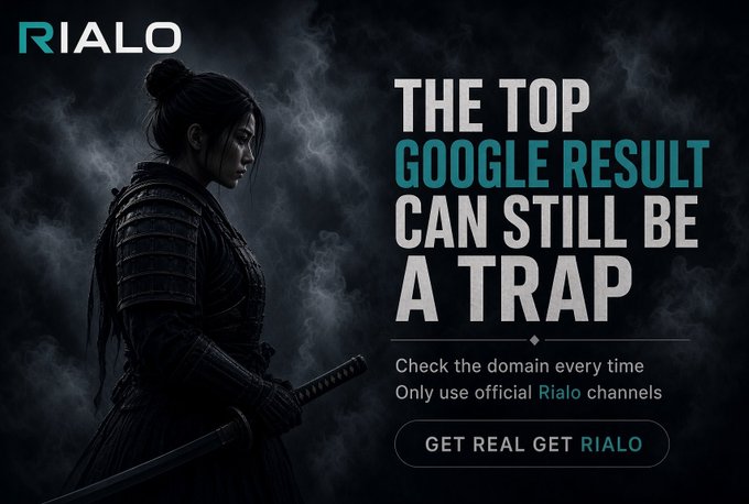 A dark promotional image featuring a woman in samurai armor holding a katana, with text warning "THE TOP GOOGLE RESULT CAN STILL BE A TRAP," advising to check the domain and use only official RIALO channels.