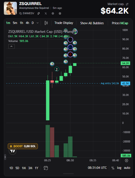 A cryptocurrency trading chart for ZSQUIRREL/USD shows a market cap of $64.2K, with a sharp price spike from $42.5K to $64.2K and a 0.86 SOL boost.