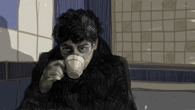 A digital illustration of a man with dark messy hair wearing a black coat, drinking from a white mug in a room with a window.