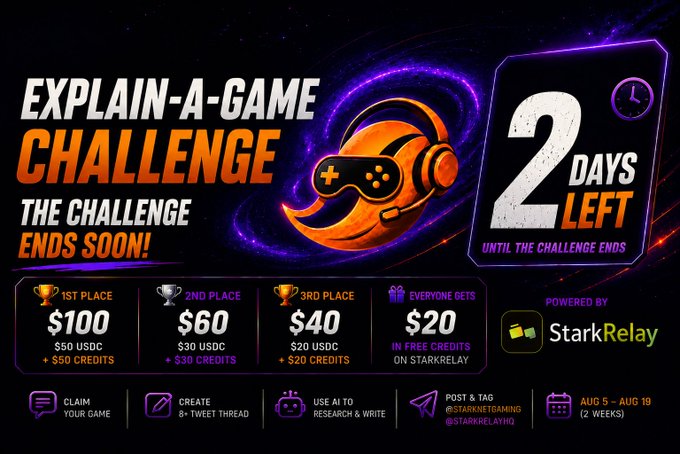 A promotional banner for the "Explain-A-Game Challenge" powered by StarkRelay, showing prize tiers ($100, $60, $40) and indicating the challenge ends in 2 days, running from Aug 5 - Aug 19.