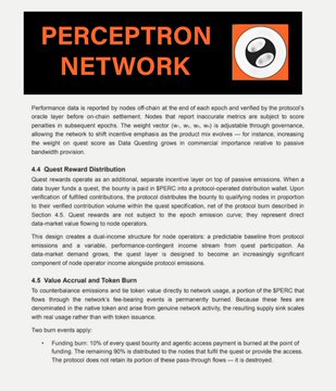 A document from Perceptron Network describing their SPERO protocol, including sections 4.4 'Quest Reward Distribution' explaining a protocol-operated distribution wallet, and 4.5 'Value Accrual and Token Burn' detailing 10% of quest and agentic access payment burn mechanism.
