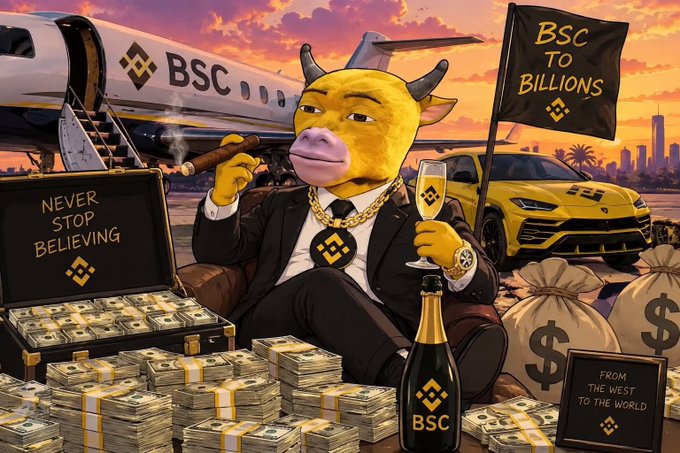 An anthropomorphic bull in a tuxedo smokes a cigar and holds champagne, surrounded by stacks of cash, a private jet, a Lamborghini, and a champagne bottle all branded with the BSC logo, with flags reading "BSC TO BILLIONS" and "NEVER STOP BELIEVING." A sign in the corner reads "FROM THE WEST TO THE WORLD." The image visually embodies the caption's triumph narrative—portraying the ultimate payoff of unwavering faith in BSC, depicting the lavish lifestyle and global success ("from the West to the world") that early believers hoped to achieve.