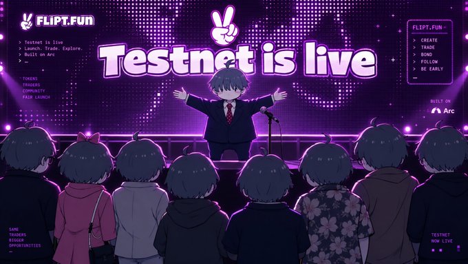 Flipt.Fun announcement graphic for their testnet launch, featuring anime-style characters with one figure standing on stage with arms outstretched, displayed in a purple neon aesthetic.