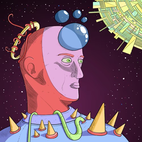 A digital illustration of a pink-skinned cyborg with a partially exposed brain featuring thought bubbles, set against a starry space background with a futuristic mechanical structure visible in the upper right corner.