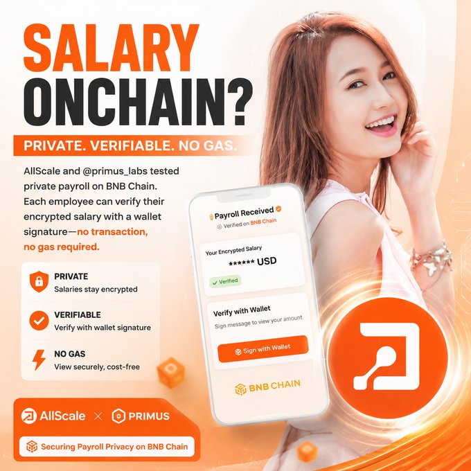 A promotional graphic for AllScale and Primus Labs titled 'SALARY ONCHAIN? PRIVATE. VERIFIABLE. NO GAS.' highlighting their private payroll solution tested on BNB Chain, featuring a smiling woman, a smartphone displaying payroll verification, and the AllScale and Primus logos.