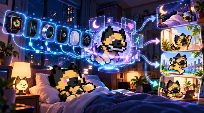 A digital illustration showing pixel-art dogs sleeping in a bedroom while connected to glowing smartwatches, with a holographic sphere displaying a dog and floating screens showing pixelated dog adventures.