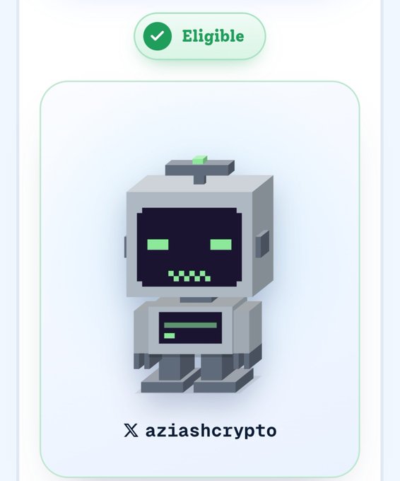The image shows a pixelated gray robot with green LED-style eyes and mouth displayed as an NFT, labeled "Eligible" at the top and tagged with the X handle "@aziashcrypto" at the bottom. This Conso Bot NFT appears to be part of an airdrop or eligibility check tied to the @conso_xyz project mentioned in the post.