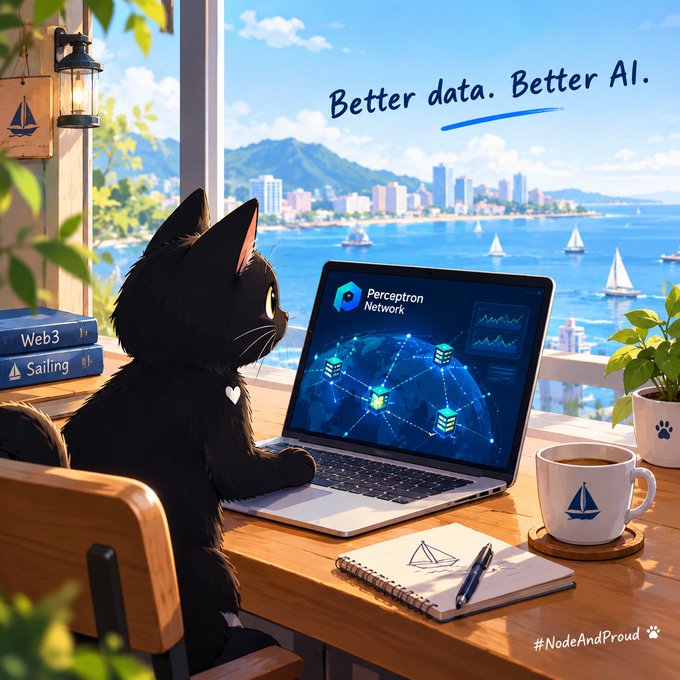 An AI-generated illustration of a black cat sitting at a wooden desk working on a laptop displaying 'Better data. Better AI.' and 'Perceptron Network,' with a view of a coastal city, books labeled 'Web3' and 'Sailing,' and the hashtag '#NodeAndProud'.