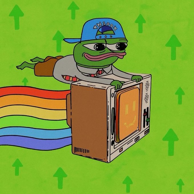 A cartoon illustration of a Pepe the Frog character wearing a blue cap and tie riding a retro television with a rainbow trail on a green background with upward arrows.