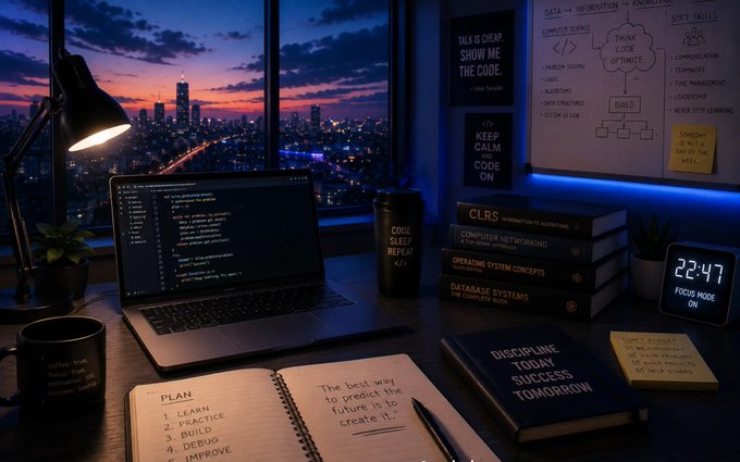 A nighttime coding workspace setup featuring a laptop with code on its screen, programming textbooks like 'CLRS' and 'Database Systems', motivational sticky notes ('TALK IS CHEAP, SHOW ME THE CODE', 'KEEP CALM AND CODE ON'), and a digital clock reading '22:47' with a city skyline view through the window.