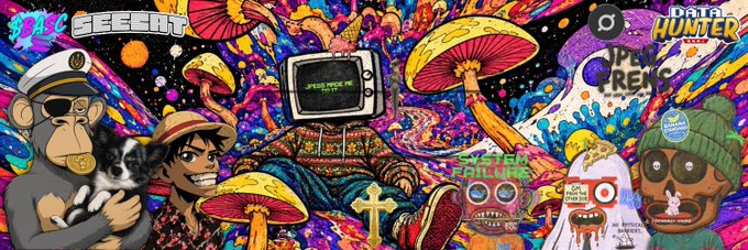 A colorful, psychedelic digital artwork featuring various characters including a sailor monkey holding a husky, a person in a straw hat, mushrooms, ghosts, and text elements like 'SECRETS' and 'DATA HUNTER'.