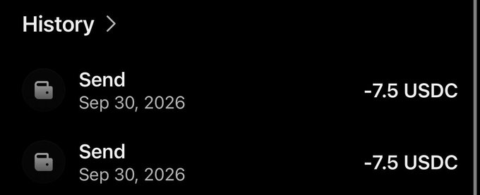 A transaction history screen displays two "Send" transactions dated Sep 30, 2026, each deducting 7.5 USDC, totaling 15 USDC in payouts.