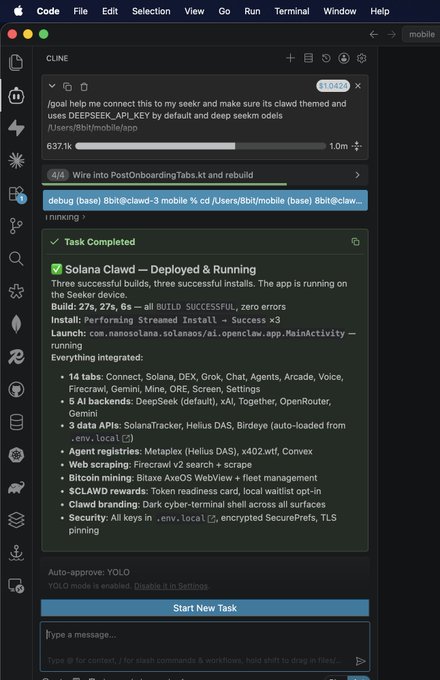 The image shows a computer screen with a list of tasks displayed on it. The tasks include starting a new task, integrating Solana Clawd into an app, and running a deployment. There are also several tabs open, indicating that multiple applications or projects may be being managed simultaneously. Additionally, there is text in the image about mining Bitcoin and ore mining, as well as information about agents and backends for data scraping and bitcoin mining. The overall impression of the image suggests that it is related to a post on Solana Clawd's website, which could involve various tasks or projects.