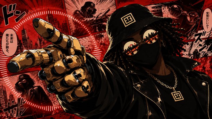 The image features a cartoon character with black hair, wearing a black hat and jacket, pointing towards the viewer while holding up their hand. The background of the image is red, which adds intensity to the scene. There are also some Japanese characters present in the image, indicating that it might be related to a post on social media or an online platform.