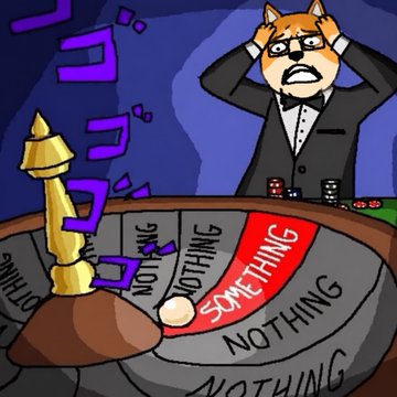 An anime-style illustration of a shocked Shiba Inu dog dressed as a dealer behind a roulette wheel that mostly shows 'NOTHING' with one 'SOMETHING' slot, while Japanese text 'ゴゴゴ' appears in the background.