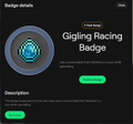 A dark app store listing for 'Gigling Racing Badge' with a cyan racing emblem, description text, and a green 'Open' button.