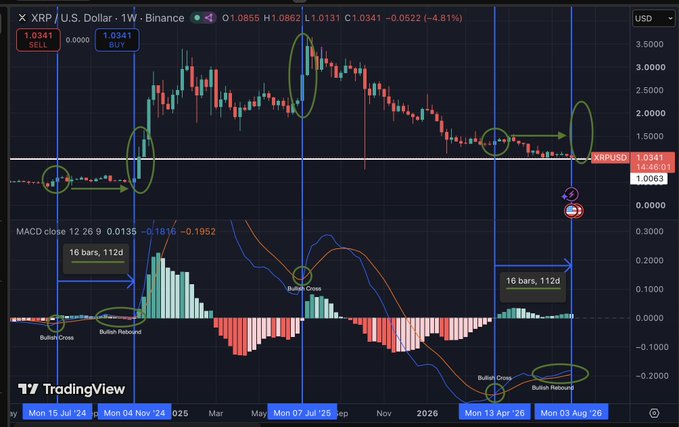 A TradingView weekly chart of XRP/USD on Binance with MACD indicator, showing price data from July 2024 through August 2026, currently at 1.0341 (-4.81%), marked with bullish/bearish cross annotations.