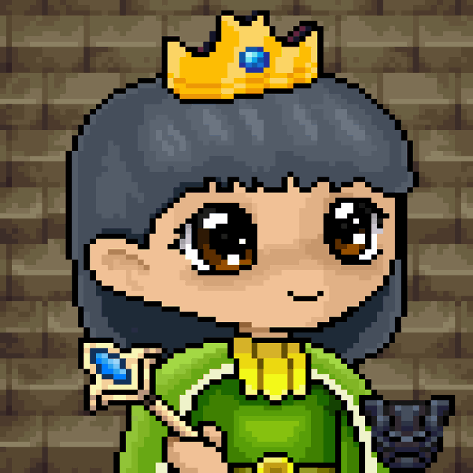 A pixel art character with dark blue hair, large brown eyes, a green and yellow outfit, and a small golden crown, holding a blue gem against a brick wall background.