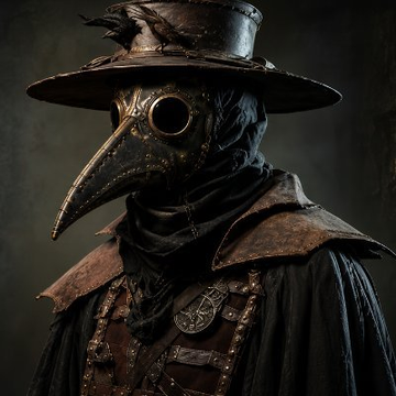 A menacing plague doctor with a beaked mask and wide-brimmed hat evokes the historical symbol of pestilence, visually reinforcing the $PLAGUE token's branding tied to Yersinia pestis on Pumpfun.