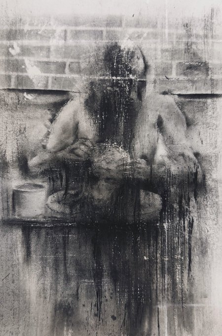 The provided image is a high-quality monochromatic work of modern abstract art. It depicts what appears to be a shirtless old man with hair dripping down his face, resting his head on his crotch. He's sitting in front of a brick wall, with a coffee mug and plate both next to him. The paint is very textured and drippy especially towards the bottom half. The name Nancy Metzger is the only name that may be present as a signature to the artist.