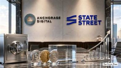 The image features the logos of Anchorage Digital and State Street displayed on a wall in a corporate setting, with a safe, gold bars, and cryptocurrency coins in the foreground, symbolizing the secure institutional custody and digital asset services highlighted in the announcement.