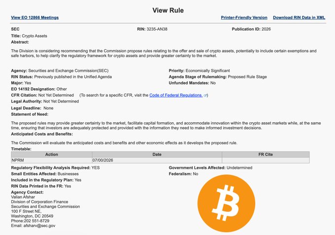 A SEC "View Rule" page for RIN 3235-AN38, titled "Crypto Assets," indicating a forthcoming meeting (EQ 12866 Meetings) on the proposed regulatory framework for crypto assets, consistent with the SEC's 2026 regulatory agenda announcement. The page lists the SEC's Division of Corporation Finance as the agency contact in Washington, DC, with a Bitcoin graphic overlaid on the bottom right.