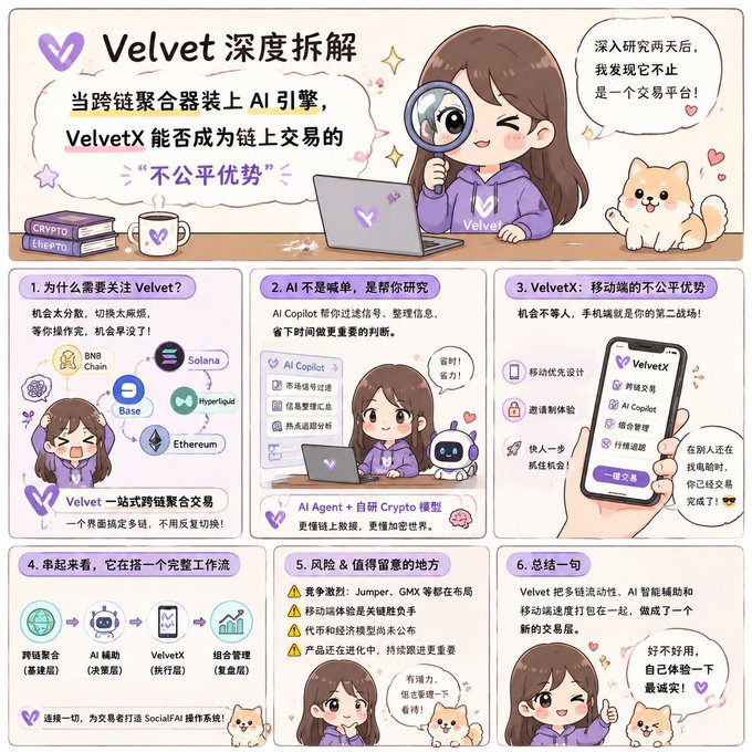 An illustrated infographic in Chinese titled "Velvet 深度拆解" (Velvet In-Depth Analysis) featuring a cartoon girl with a magnifying glass and a dog, breaking down Velvet Capital across six numbered panels covering cross-chain aggregation, AI Copilot research tools, mobile-first advantages with VelvetX, workflow integration, competitive risks (mentioning Jumper, GMX), and a conclusion. The accompanying post explains that after two days of research, the author discovered Velvet Capital aims to be more than just a trading platform, reframing it as a cross-chain aggregation platform with AI assistance and mobile speed as its "unfair advantage."