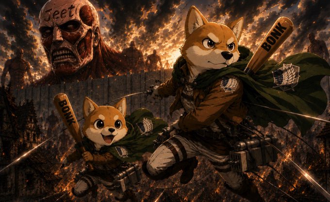 Two Shiba Inu characters wield baseball bats labeled "BONK" against a fiery, apocalyptic backdrop featuring a towering Titan-like figure marked "Jeet," rallying side by side in brotherhood to fight back. The image visually echoes the post's call to "stand together" and "BONK together," portraying the smaller, united Shibas as resilient defenders against the looming "Jeet" threat.