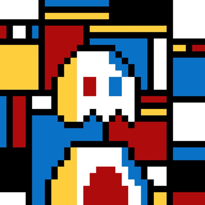 A pixel art style image reminiscent of the Vermeer painting 'Girl with a Pearl Earring', composed of red, blue, yellow, black, and white blocks.