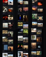 A grid view of a photo gallery displaying dozens of thumbnail images, mostly featuring dramatic lighting, silhouettes, and atmospheric scenes.