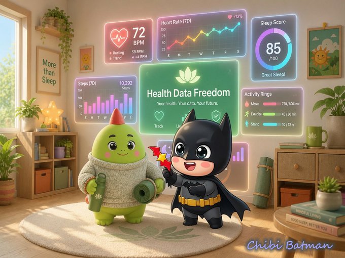 The image shows a cute green character in a sweater and a chibi Batman character in a cozy room surrounded by glowing health dashboards displaying metrics like "Heart Rate (7D) 72 BPM," "Sleep Score 85/100 Great Sleep!," "Steps (7D) 10,392," and "Activity Rings," with a central panel reading "Health Data Freedom - Your health. Your data. Your future." The scene illustrates the concept of giving users control over their wellness data rather than letting it sit unused, matching the post's theme of Sleepagotchi allowing users to stake their health data for weekly rewards.